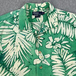 Polo Ralph Lauren Loop Collar Shirt Mens XL Green Floral Tropical Linen/Cotton